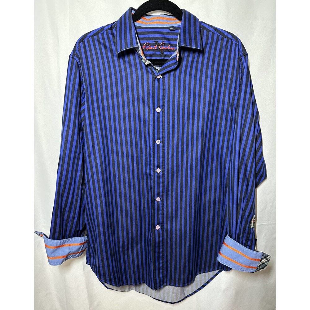 Robert Graham X Men’s Black Blue Striped Button down Shirt Large Plaid Trim